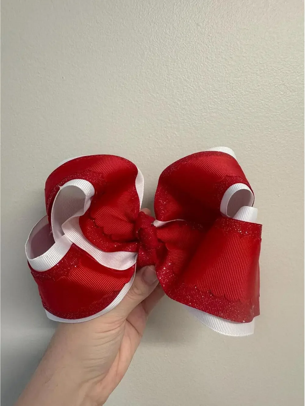 Red Glitter Scalloped Hair Bow | 5.5 Inch Stiffened Boutique Bow |